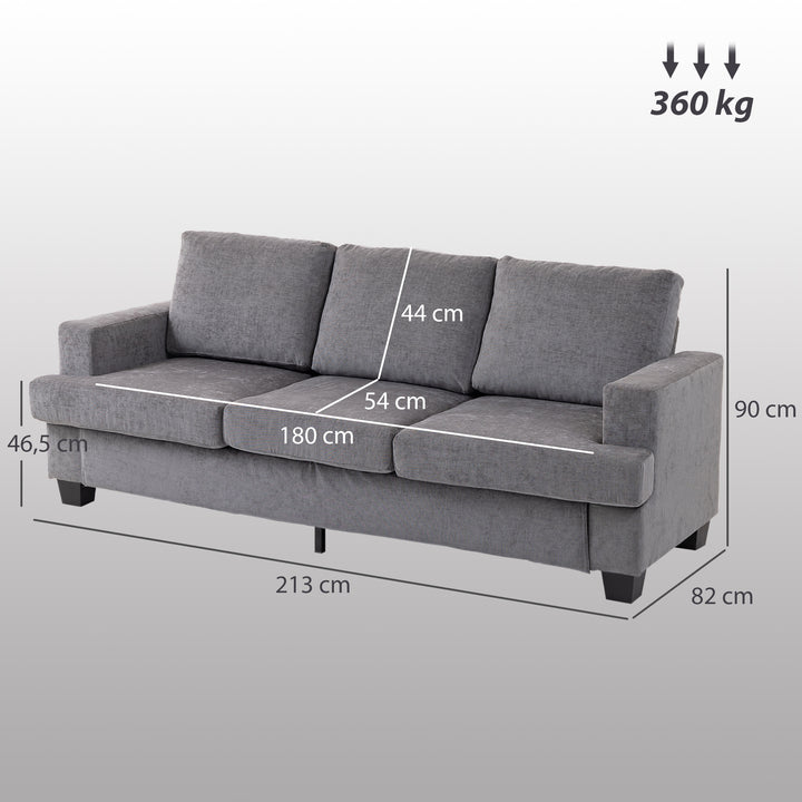 Sofá de 3 Lugares Sofá Sala de Estar 213x80x90 cm Estofado em Chenille Almofadado Grosso Estrutura de Aço Desenho Moderno para Sala de Estar Quarto Cinzento