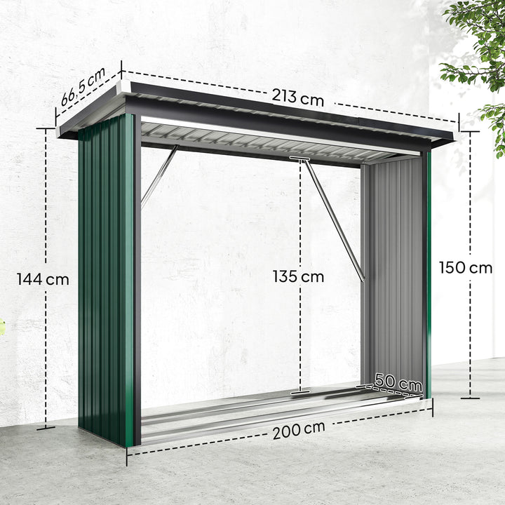 Abrigo para Lenha de Aço Galvanizado Abrigo para Lenha de Exterior Armazenamento de Troncos com Base Elevada e Teto Inclinado 213x66,5x150 cm Verde