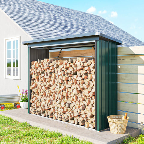 Abrigo para Lenha de Aço Galvanizado Abrigo para Lenha de Exterior Armazenamento de Troncos com Base Elevada e Teto Inclinado 213x66,5x150 cm Verde