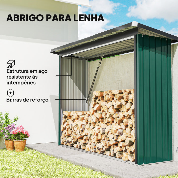 Abrigo para Lenha de Aço Galvanizado Abrigo para Lenha de Exterior Armazenamento de Troncos com Base Elevada e Teto Inclinado 213x66,5x150 cm Verde
