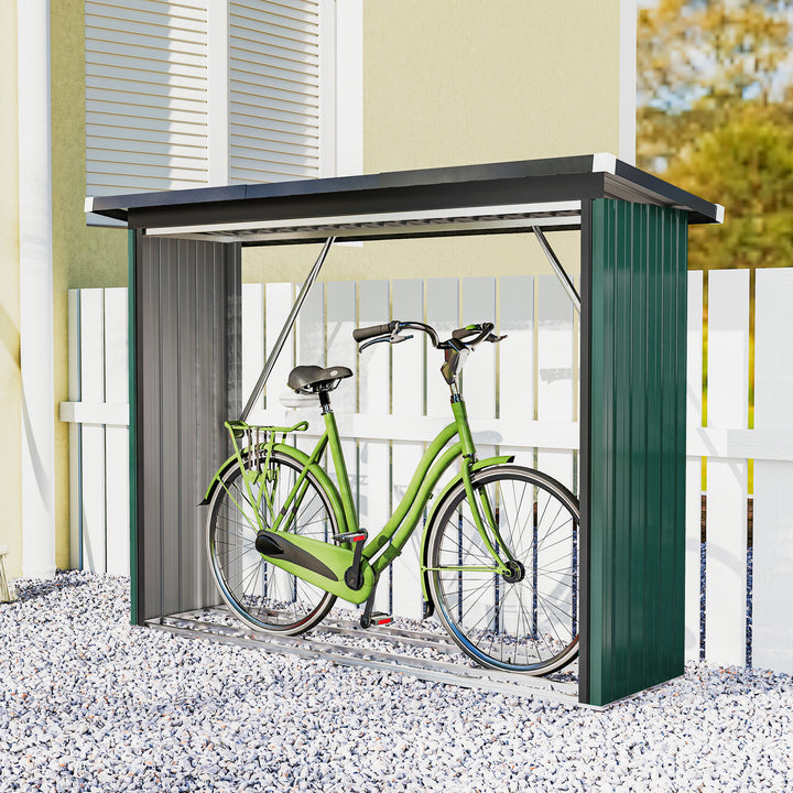 Abrigo para Lenha de Aço Galvanizado Abrigo para Lenha de Exterior Armazenamento de Troncos com Base Elevada e Teto Inclinado 213x66,5x150 cm Verde