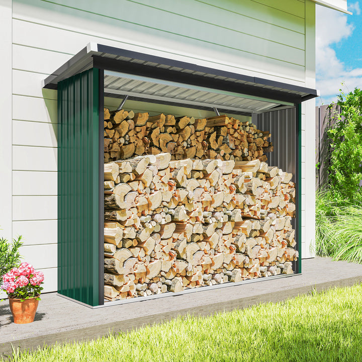 Abrigo para Lenha de Aço Galvanizado Abrigo para Lenha de Exterior Armazenamento de Troncos com Base Elevada e Teto Inclinado 213x66,5x150 cm Verde