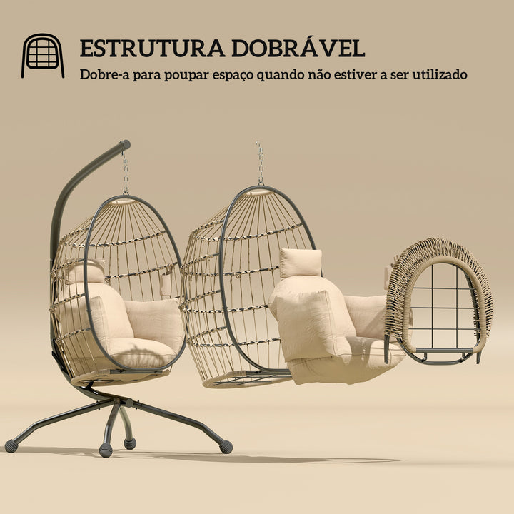 Cadeira Suspensa com Suporte Baloiço para Jardim Exterior com Cesta Dobrável Almofada e Encosto para Cabeça Suporte para Copos Interior e Exterior 120 kg Caqui