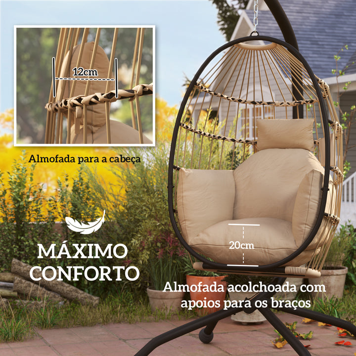 Cadeira Suspensa com Suporte Baloiço para Jardim Exterior com Cesta Dobrável Almofada e Encosto para Cabeça Suporte para Copos Interior e Exterior 120 kg Caqui