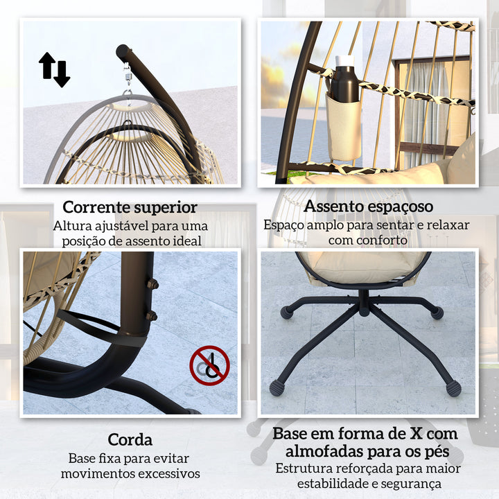 Cadeira Suspensa com Suporte Baloiço para Jardim Exterior com Cesta Dobrável Almofada e Encosto para Cabeça Suporte para Copos Interior e Exterior 120 kg Caqui