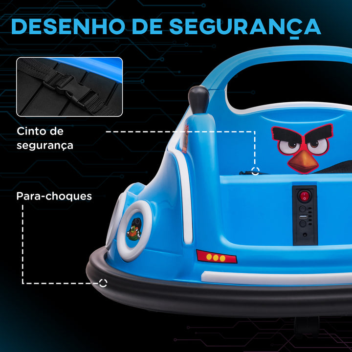 Carrinho de Choque Elétrico para Crianças Carro de Choque com Licença Angry Birds Bateria 12V Controlo Remoto Rotação de 360° Carrinho de Choque com Luzes LED Música 73x73x44 cm Azul