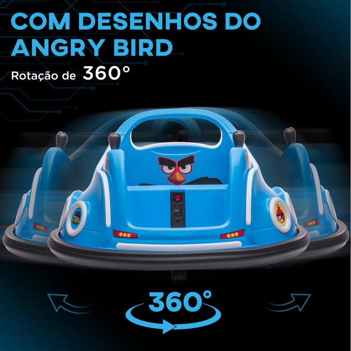 Carrinho de Choque Elétrico para Crianças Carro de Choque com Licença Angry Birds Bateria 12V Controlo Remoto Rotação de 360° Carrinho de Choque com Luzes LED Música 73x73x44 cm Azul