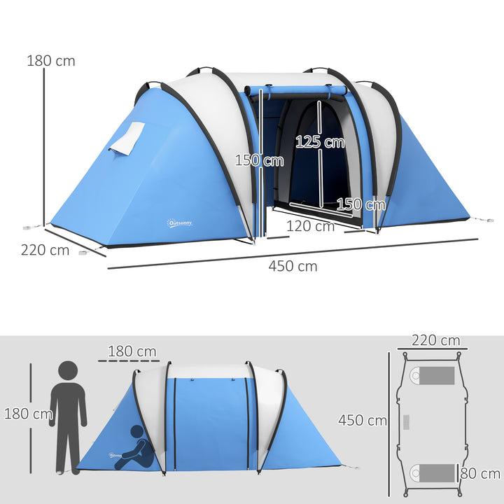 Tenda de Campismo Familiar para 4-5 Pessoas Tenda de Campismo Túnel Impermeável 3000 mm com 2 Quartos Bolsa de Transporte e Gancho Ideal para Caminhadas e Pesca Azul