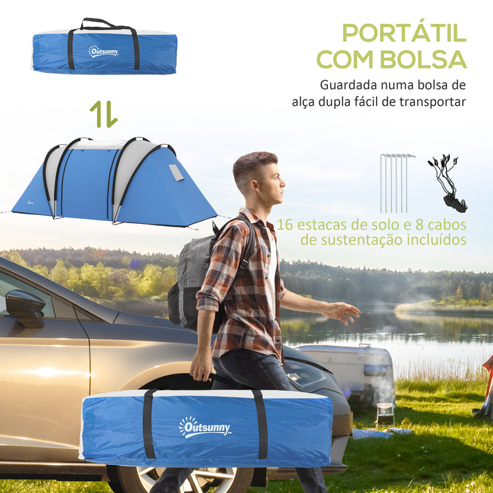 Tenda de Campismo Familiar para 4-5 Pessoas Tenda de Campismo Túnel Impermeável 3000 mm com 2 Quartos Bolsa de Transporte e Gancho Ideal para Caminhadas e Pesca Azul