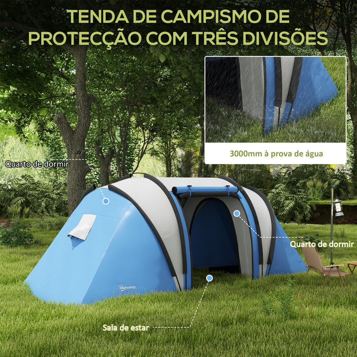 Tenda de Campismo Familiar para 4-5 Pessoas Tenda de Campismo Túnel Impermeável 3000 mm com 2 Quartos Bolsa de Transporte e Gancho Ideal para Caminhadas e Pesca Azul