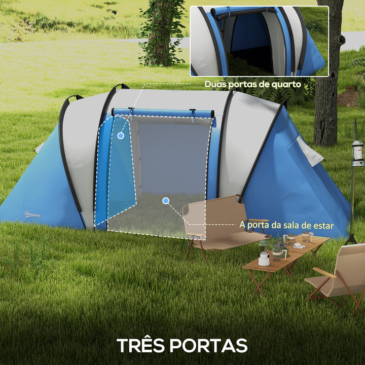 Tenda de Campismo Familiar para 4-5 Pessoas Tenda de Campismo Túnel Impermeável 3000 mm com 2 Quartos Bolsa de Transporte e Gancho Ideal para Caminhadas e Pesca Azul