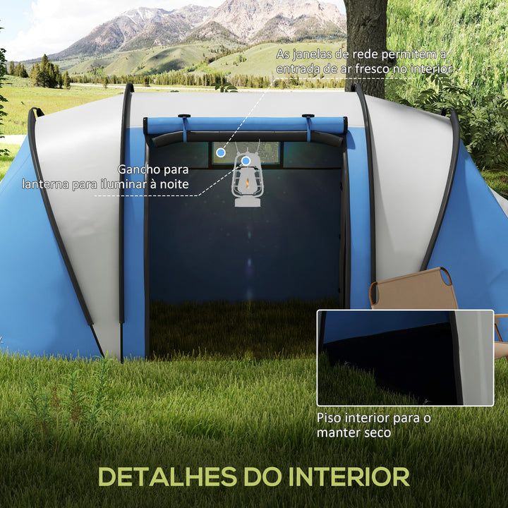 Tenda de Campismo Familiar para 4-5 Pessoas Tenda de Campismo Túnel Impermeável 3000 mm com 2 Quartos Bolsa de Transporte e Gancho Ideal para Caminhadas e Pesca Azul