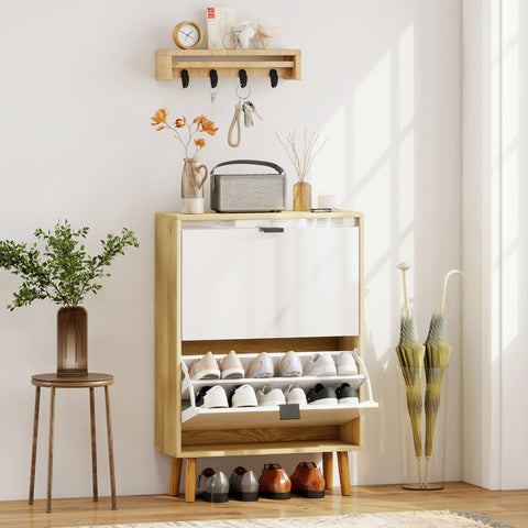 Sapateira Estreita com 2 Portas em Branco Brilhante Estantes Ajustáveis e Pés de Madeira para 12 Pares de Sapatos 60x24x91 cm Branco