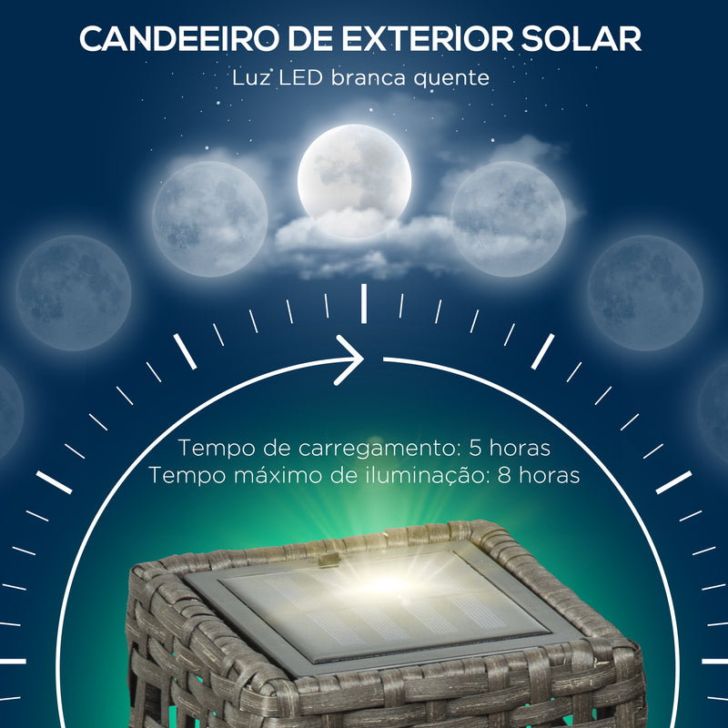 Candeeiro de Jardim de Vime Sintético Candeeiro Solar de Exterior com Luzes LED Ligar/Desligar Automático para Varanda Pátio 17x17x46 cm Cinza