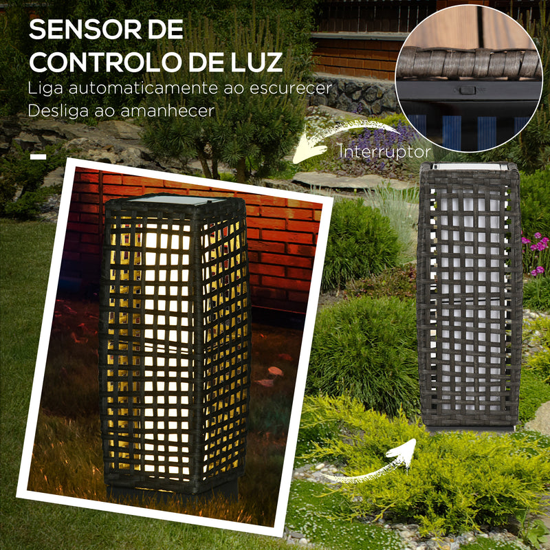 Candeeiro de Jardim de Vime Sintético Candeeiro Solar de Exterior com Luzes LED Ligar/Desligar Automático para Varanda Pátio 17x17x46 cm Cinza