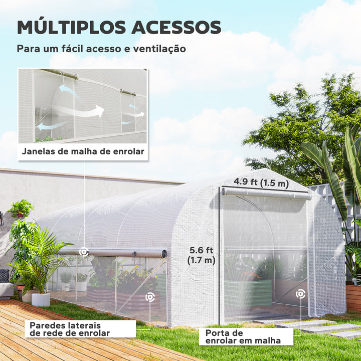 Estufa tipo Túnel 6x3x2 m Estufa de Exterior com 8 Janelas Cobertura de PE Anti UV e Porta Enrolável com Fecho de Correr Paredes Laterais com Malha Branco