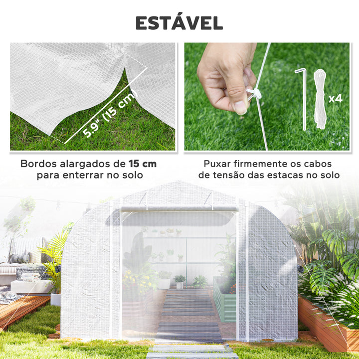 Estufa tipo Túnel 6x3x2 m Estufa de Exterior com 8 Janelas Cobertura de PE Anti UV e Porta Enrolável com Fecho de Correr Paredes Laterais com Malha Branco