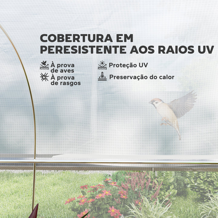 Estufa tipo Túnel 6x3x2 m Estufa de Exterior com 8 Janelas Cobertura de PE Anti UV e Porta Enrolável com Fecho de Correr Paredes Laterais com Malha Branco