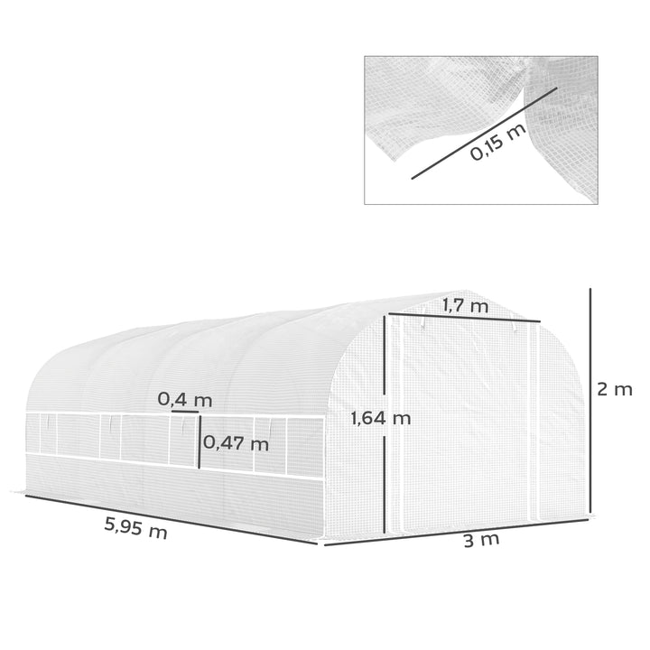 Estufa tipo Túnel 6x3x2 m Estufa de Exterior com 8 Janelas Cobertura de PE Anti UV e Porta Enrolável com Fecho de Correr Paredes Laterais com Malha Branco