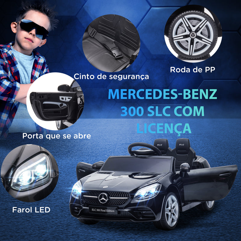 Carro Elétrico Mercedes SLC 300 12V para Crianças de 3-6 Anos com Controlo Remoto Faróis LED Buzina Música TF USB e Abertura da Porta 3-5km/h 107x62,5x44 cm Preto