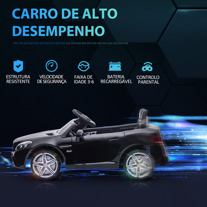 Carro Elétrico Mercedes SLC 300 12V para Crianças de 3-6 Anos com Controlo Remoto Faróis LED Buzina Música TF USB e Abertura da Porta 3-5km/h 107x62,5x44 cm Preto