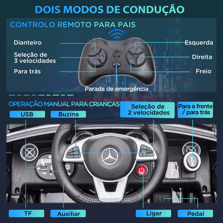 Carro Elétrico Mercedes SLC 300 12V para Crianças de 3-6 Anos com Controlo Remoto Faróis LED Buzina Música TF USB e Abertura da Porta 3-5km/h 107x62,5x44 cm Preto