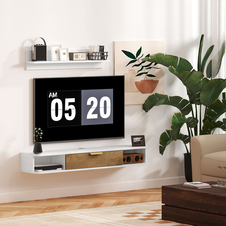 Conjunto de Móveis de Sala, Móvel de TV com Prateleira de Parede, Porta, Prateleiras Abertas, Orifícios para Cabos, para Televisão de Parede, 120x24x16 cm, Branco
