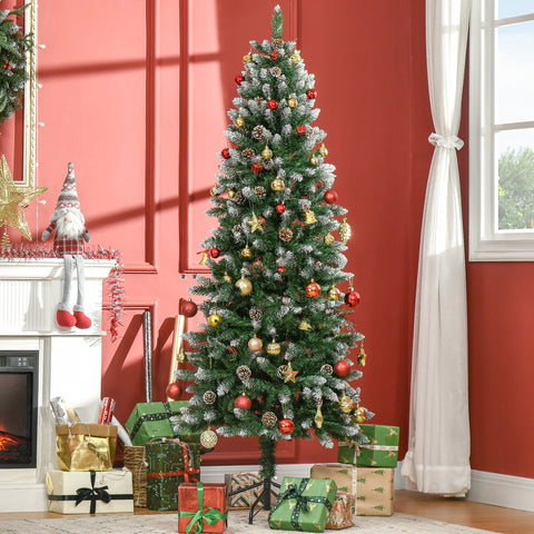 Árvore de Natal Artificial com Neve 180 cm 508 Ramos Realistas 49 Pinhas Base Dobrável e Suporte de Aço para Interior Ø73x180 cm Verde e Branco