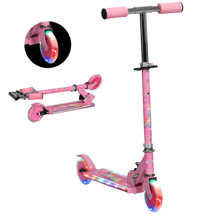 Trotinete para Crianças Dobrável Trotinete Infantil com Luzes e Música 4 Alturas Ajustável Rodas Brilhantes e Pedal LED para 3-7 Anos Carga 50 kg 67x32x65-78 cm Rosa