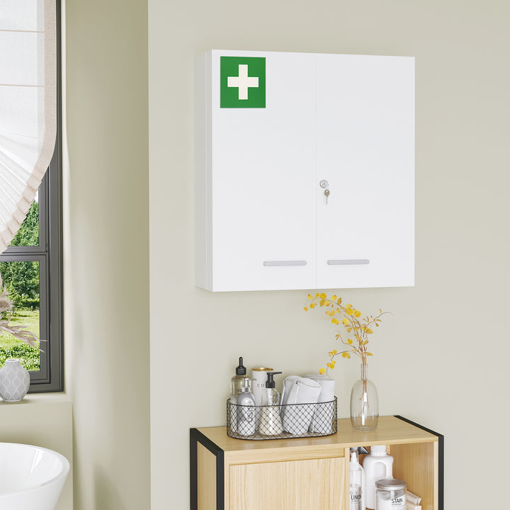 Armário para Medicamentos Armário de Primeiros Socorros de Parede em Aço de 3 Níveis Armário de Casa de Banho com Fecho e 2 Chaves para Cozinha 55x18x60 cm Branco