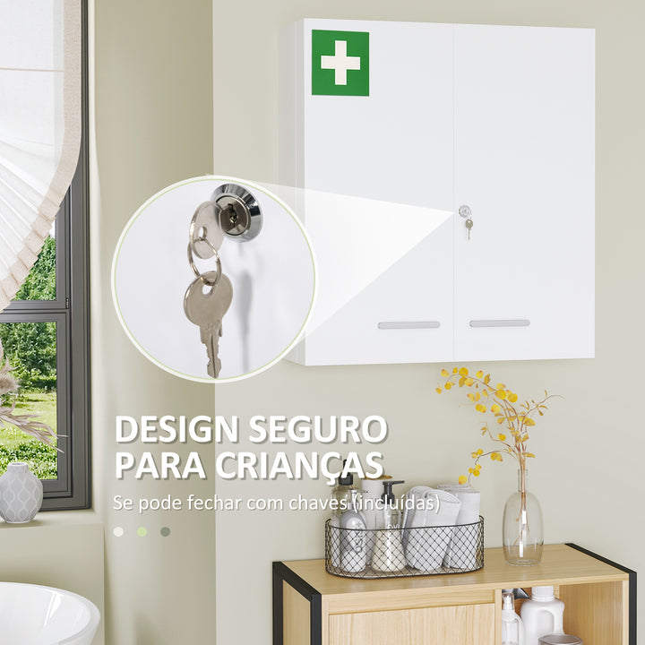 Armário para Medicamentos Armário de Primeiros Socorros de Parede em Aço de 3 Níveis Armário de Casa de Banho com Fecho e 2 Chaves para Cozinha 55x18x60 cm Branco