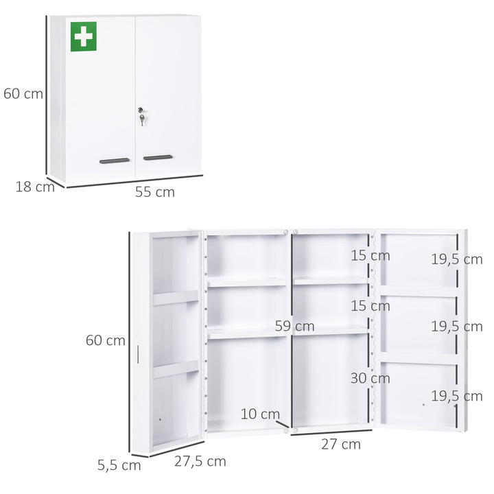Armário para Medicamentos Armário de Primeiros Socorros de Parede em Aço de 3 Níveis Armário de Casa de Banho com Fecho e 2 Chaves para Cozinha 55x18x60 cm Branco
