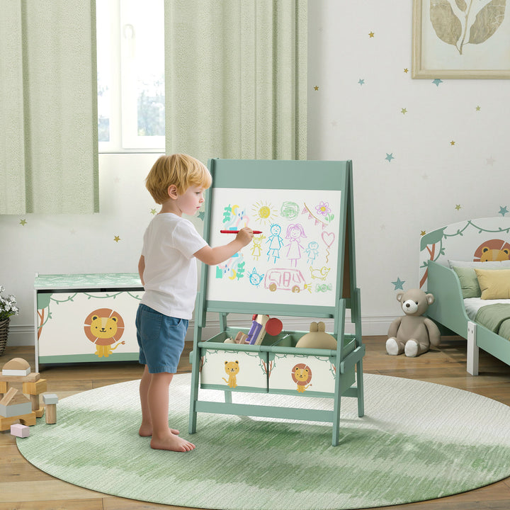 Cavalete de Pintura para Crianças 3 em 1 Quadro Infantil de Dupla Face para Crianças acima de 3 Anos com Rolo de Papel e Cestos de Arrumação 54x46x94 cm Verde