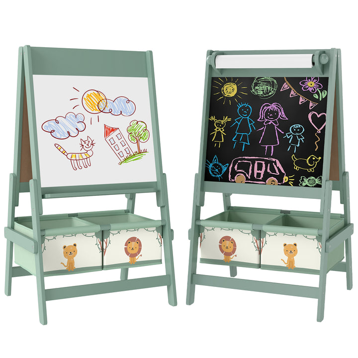 Cavalete de Pintura para Crianças 3 em 1 Quadro Infantil de Dupla Face para Crianças acima de 3 Anos com Rolo de Papel e Cestos de Arrumação 54x46x94 cm Verde