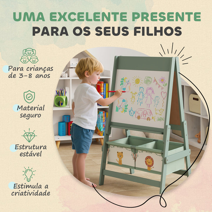 Cavalete de Pintura para Crianças 3 em 1 Quadro Infantil de Dupla Face para Crianças acima de 3 Anos com Rolo de Papel e Cestos de Arrumação 54x46x94 cm Verde