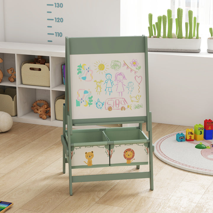 Cavalete de Pintura para Crianças 3 em 1 Quadro Infantil de Dupla Face para Crianças acima de 3 Anos com Rolo de Papel e Cestos de Arrumação 54x46x94 cm Verde