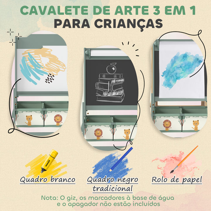 Cavalete de Pintura para Crianças 3 em 1 Quadro Infantil de Dupla Face para Crianças acima de 3 Anos com Rolo de Papel e Cestos de Arrumação 54x46x94 cm Verde