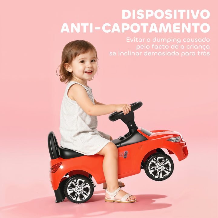 Carro Andador para Crianças de 18-36 Meses com Faróis Música Buzina Volante Compartimento de Armazenamento e Alça para Empurrar 63,5x28x36 Vermelho