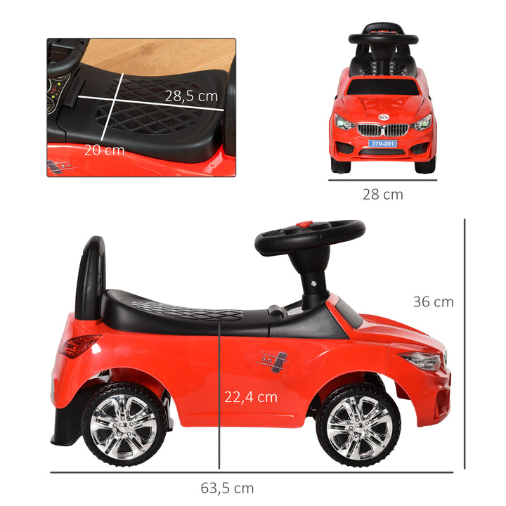 Carro Andador para Crianças de 18-36 Meses com Faróis Música Buzina Volante Compartimento de Armazenamento e Alça para Empurrar 63,5x28x36 Vermelho