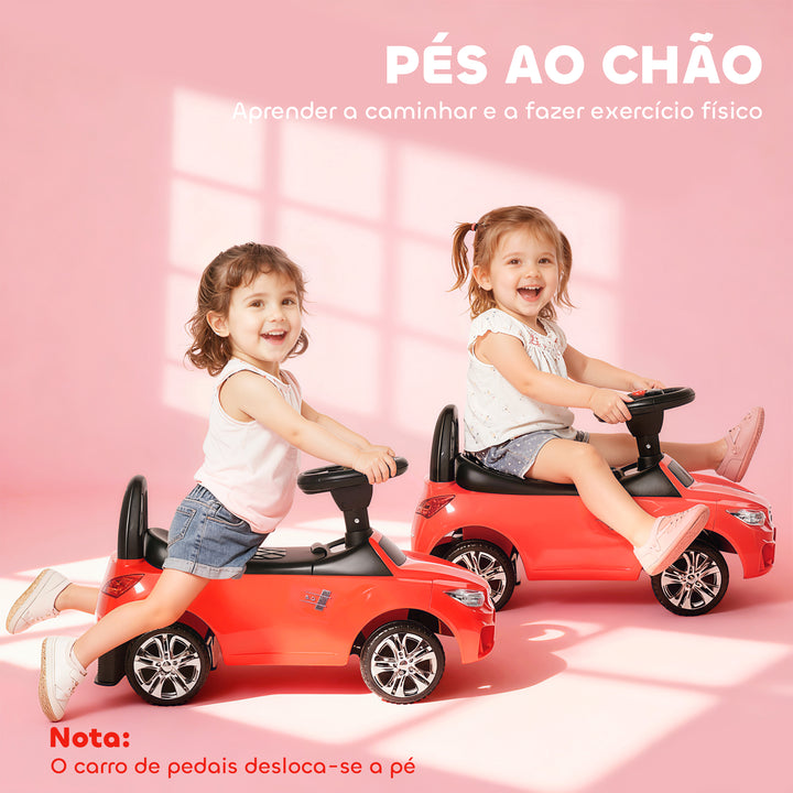 Carro Andador para Crianças de 18-36 Meses com Faróis Música Buzina Volante Compartimento de Armazenamento e Alça para Empurrar 63,5x28x36 Vermelho