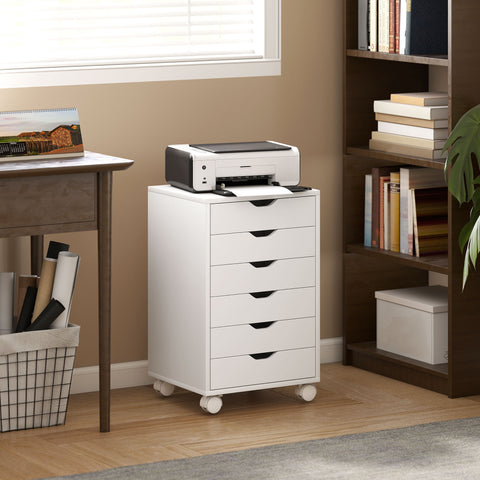 Bloco de Gavetas Móvel Arquivador com 6 Gavetas Suporte para Impressora com Rodas Guias Deslizantes Silenciosas para Escritório Casa 40x35x63 cm Branco
