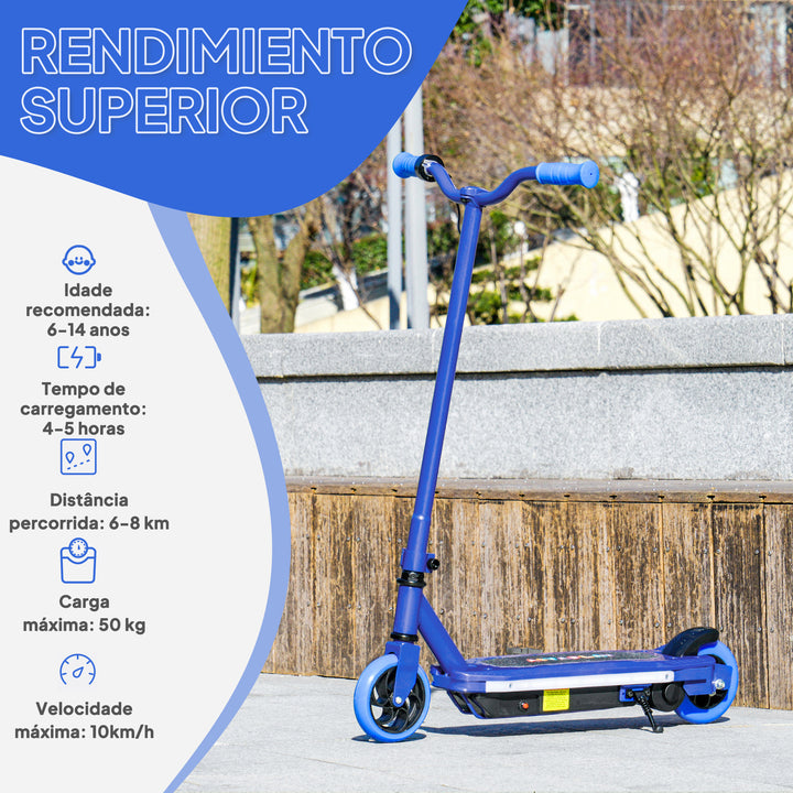 Trotinete Elétrica para Crianças de 6-14 Anos Trotinete Elétrica Máx. 10 km/h Motor 80 W Autonomia Máxima 8 km Trotinete Elétrica Infantil com Luzes LED Travão Traseiro 76x46x93 cm Azul