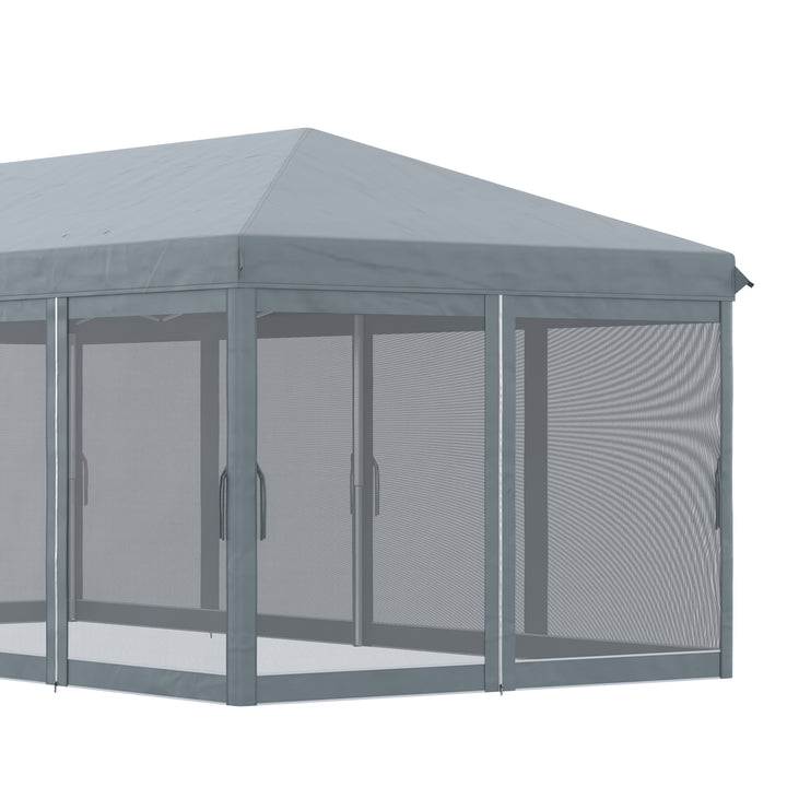 Tenda Dobrável 585x295x270 cm Tenda de Jardim com 6 Mosquiteiros Bolsa de Transporte e Estrutura de Aço para Campismo Festas Cinza