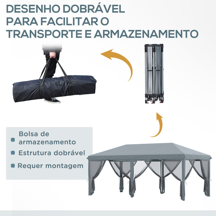 Tenda Dobrável 585x295x270 cm Tenda de Jardim com 6 Mosquiteiros Bolsa de Transporte e Estrutura de Aço para Campismo Festas Cinza