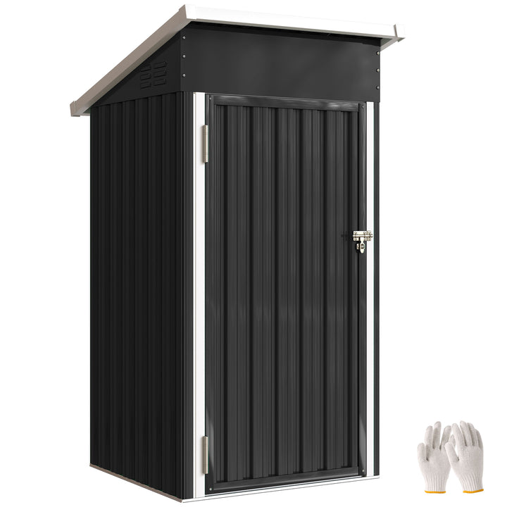 Abrigo Exterior Metálico 107,5x91x185 cm Abrigo de Jardim com Teto Inclinado Porta com Trinco Ventilação e Luvas Abrigo de Armazenamento para Ferramentas Cinza Escuro