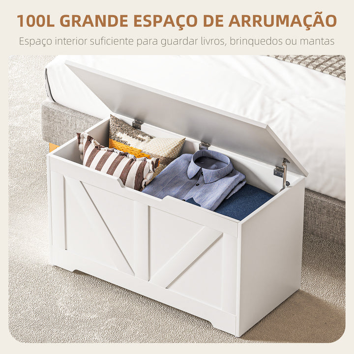 Baú de Armazenamento para Dormitório 100L Baú de Arrumação com Tampa Banco de Armazenagem Versátil com Dobradiça de Segurança para Corredor Sala de Estar 80x40x45 cm Branco