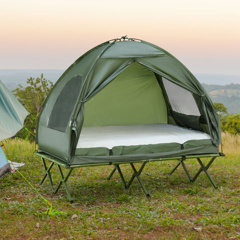 Cama Dupla de Campismo Dobrável com Tenda 2 em 1 Cama de Campismo Elevada com Colchão Inflável e Bolsa de Transporte Tecido Oxford Aço 193x145x180cm Verde