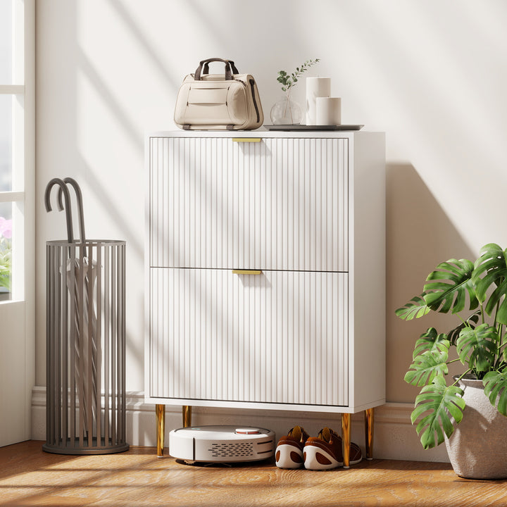 Sapateira Estreita com 2 Portas Canelada Sapateira para Entrada com Prateleiras Ajustáveis para 12 Pares de Sapatos 60x24x91,5 cm Branco