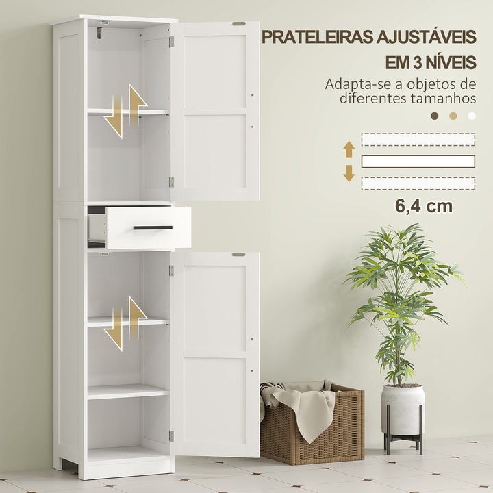 Coluna de Casa de Banho com 2 Portas 1 Gaveta e 2 Prateleiras Ajustáveis Armário Alto de Casa de Banho Estreito Estilo Rústico 40x30x170 cm Branco