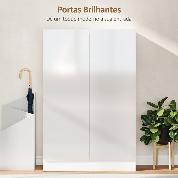 Sapateira de 2 Portas com Fecho Suave Sapateira para Entrada com Prateleiras Ajustáveis Orifícios de Ventilação para 20 Pares de Sapatos 72x34,5x103 cm Branco Brilhante